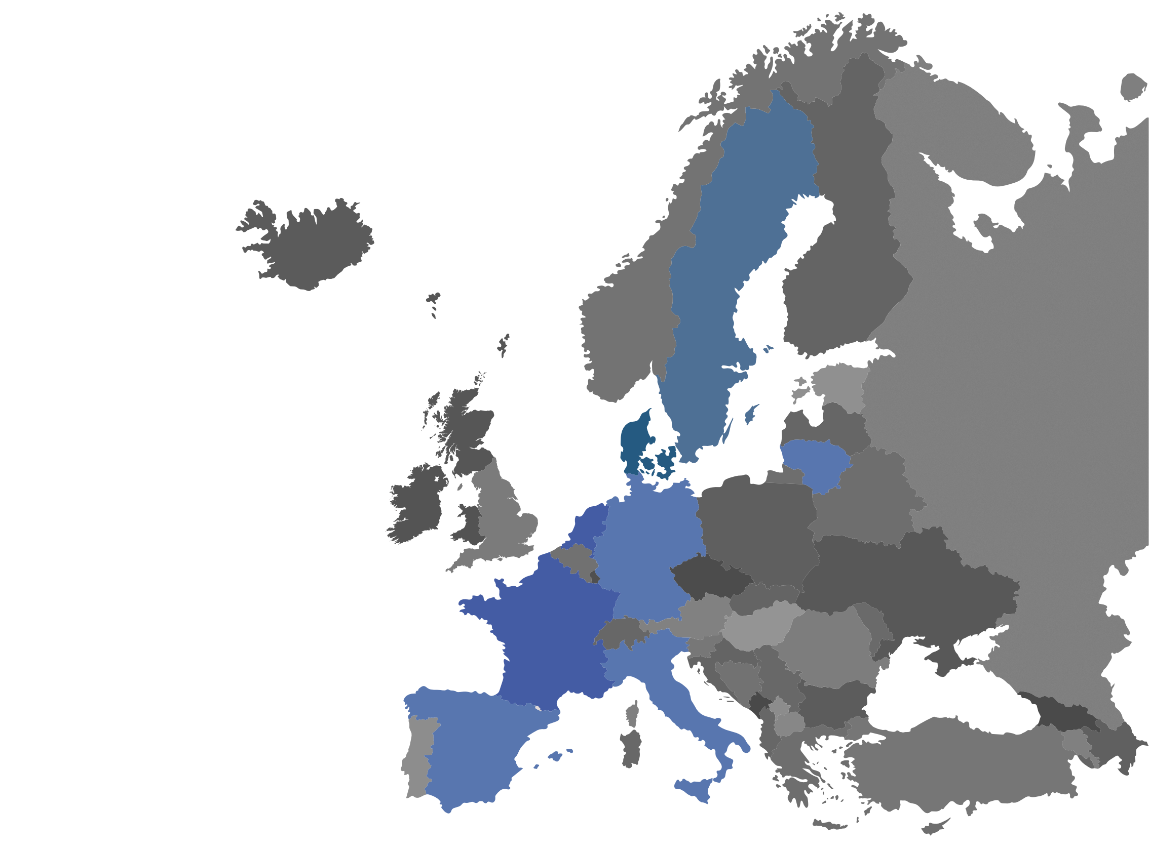 Karta över europa med ett färgglatt urval av relevanta länder.